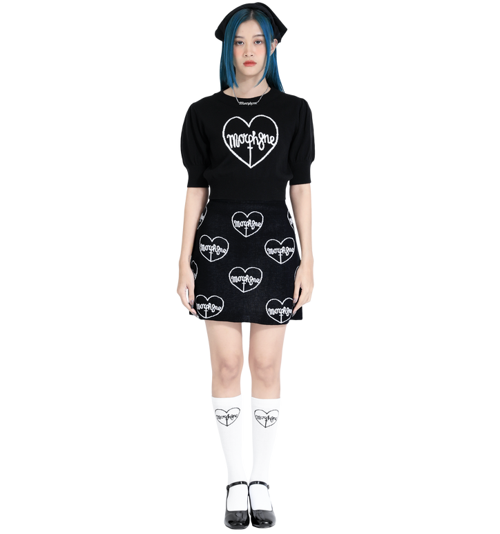 Morph8ne_LB_puff-sleeve knit top+cure skirt+hearted kerchief headband +cure necklace+white logo high knee socks 01