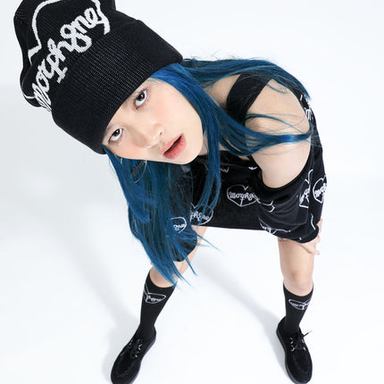 cure beanie + cure knit dress + cure cardigan + black logo high socks 05