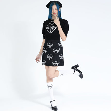 hearted kerchief headband + cure necklace+ puff-sleeve knit top + cure skirt + white logo high socks02