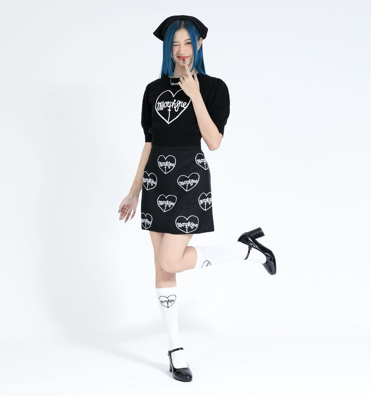 hearted kerchief headband + cure necklace+ puff-sleeve knit top + cure skirt + white logo high socks02