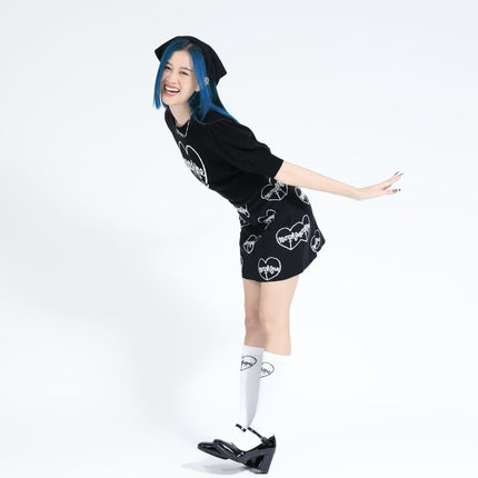 hearted kerchief headband + cure necklace+ puff-sleeve knit top + cure skirt + white logo high socks03