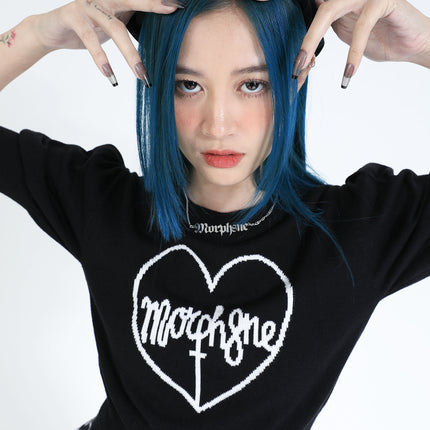 puff-sleeve knit top + cure necklace 03